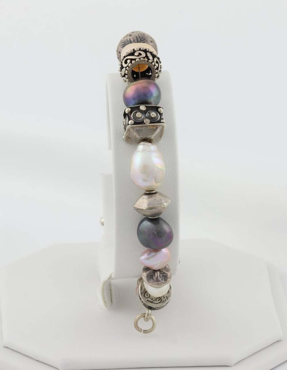 Sterling Silver Pink, White, Grey Pearl Bali Bracelet Add Charm 7 1/2" inch - Picture 6 of 7